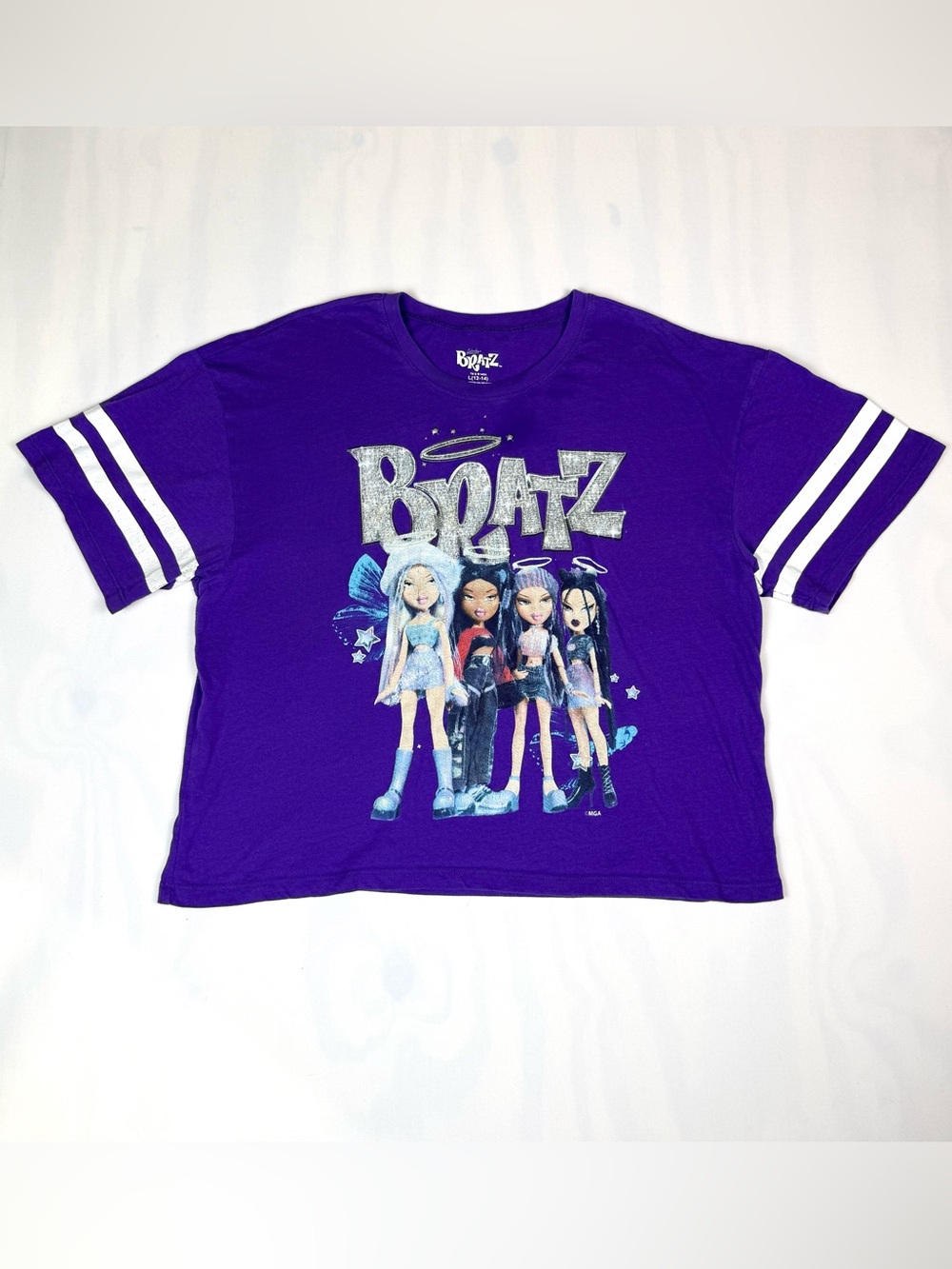 Bratz Graphic Tee Purple Y2K Angel Girls Varsity Sleeve Cropped Baby Tee Women's